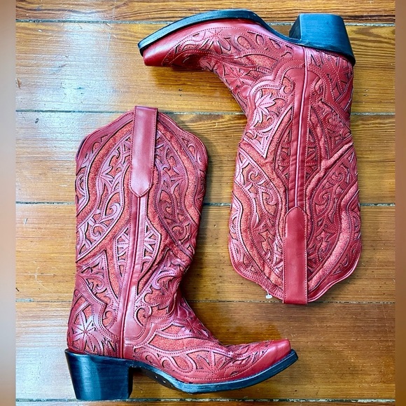 NEW JB DILLON RESERVE Darling Red Glitter Inlay Leather Snip Toe Boot GIFTABLE-8 - Picture 6 of 15